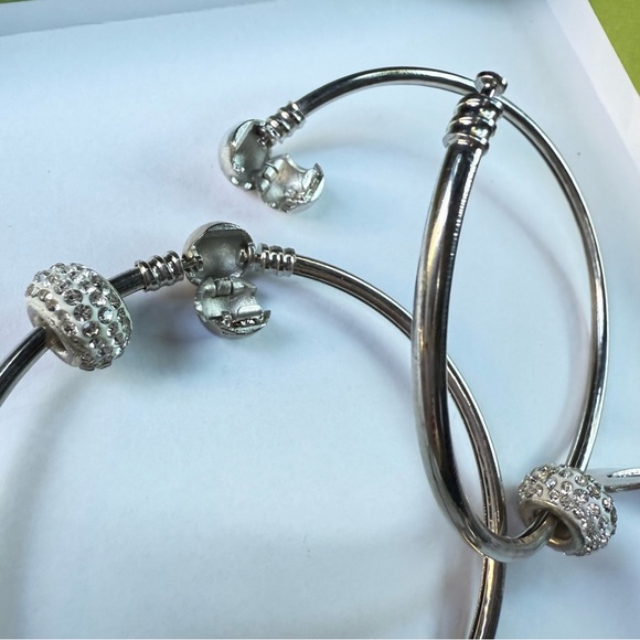 WOMEN’S SILVER BANGLE BRACELETS WITH CRYSTAL PAVÉ CHARMS – SET OF TWO - Picture 13 of 17